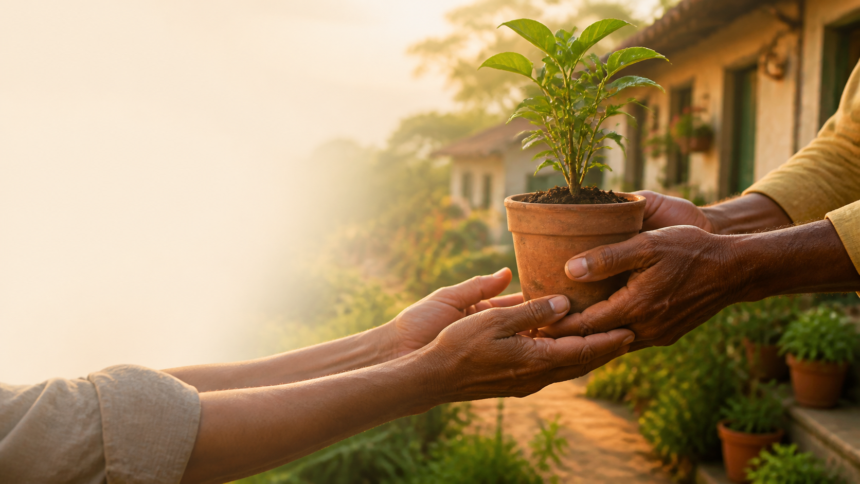 Dos personas comparten una planta como símbolo de solidaridad y nuevas oportunidades